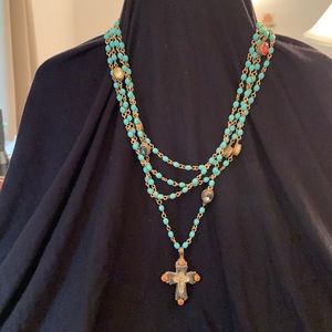 Virgins Saints &Angels.Gold gunmetal plated over bronze.Turquoise color stones.